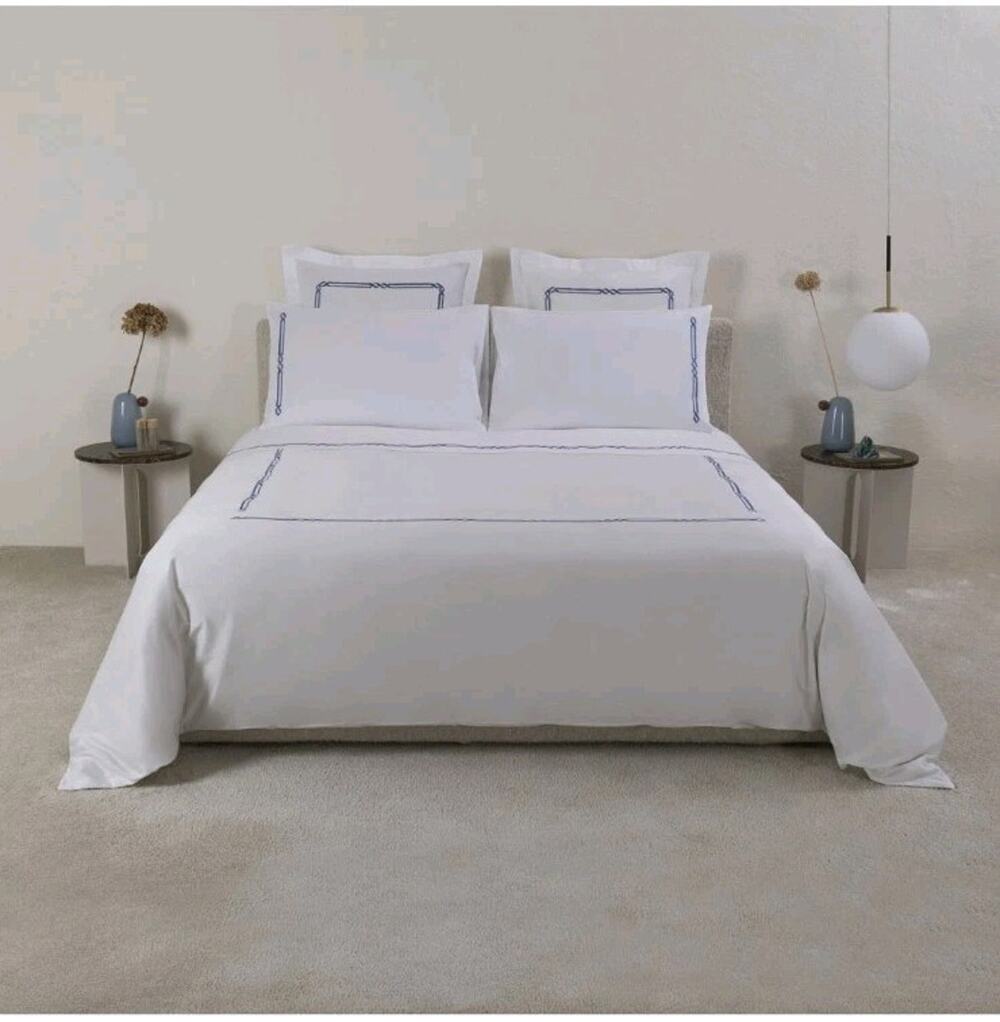 Frette Frame White Navy Embroidery Cotton King Duvet New